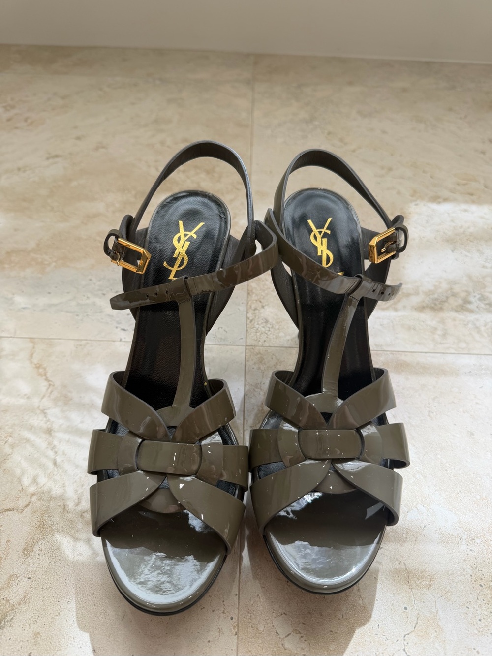 Saint Laurent YSL Tribute Patent Leather Platform Sandals Taupe Grey 41